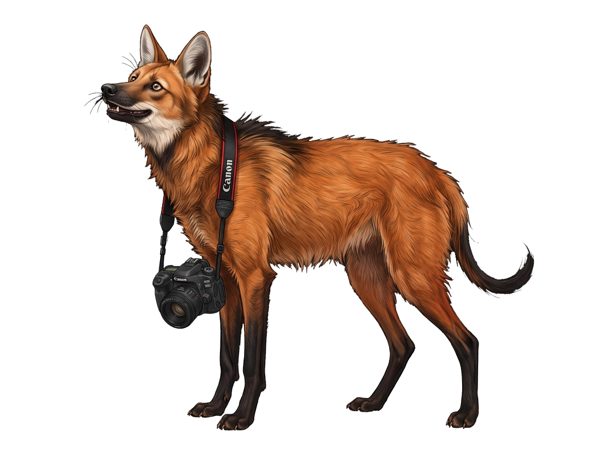 Maned wolf with a camera, looking up
